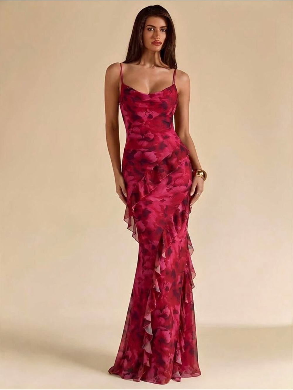 Fuchsia Pink Floral Ruffle Slip Maxi Dress - 8/10 - Picture 4 of 6